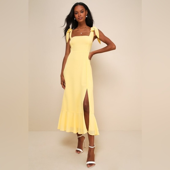 LULU’S Summer Invite Yellow Tie-Strap Tiered Midi Dress - Picture 4 of 6